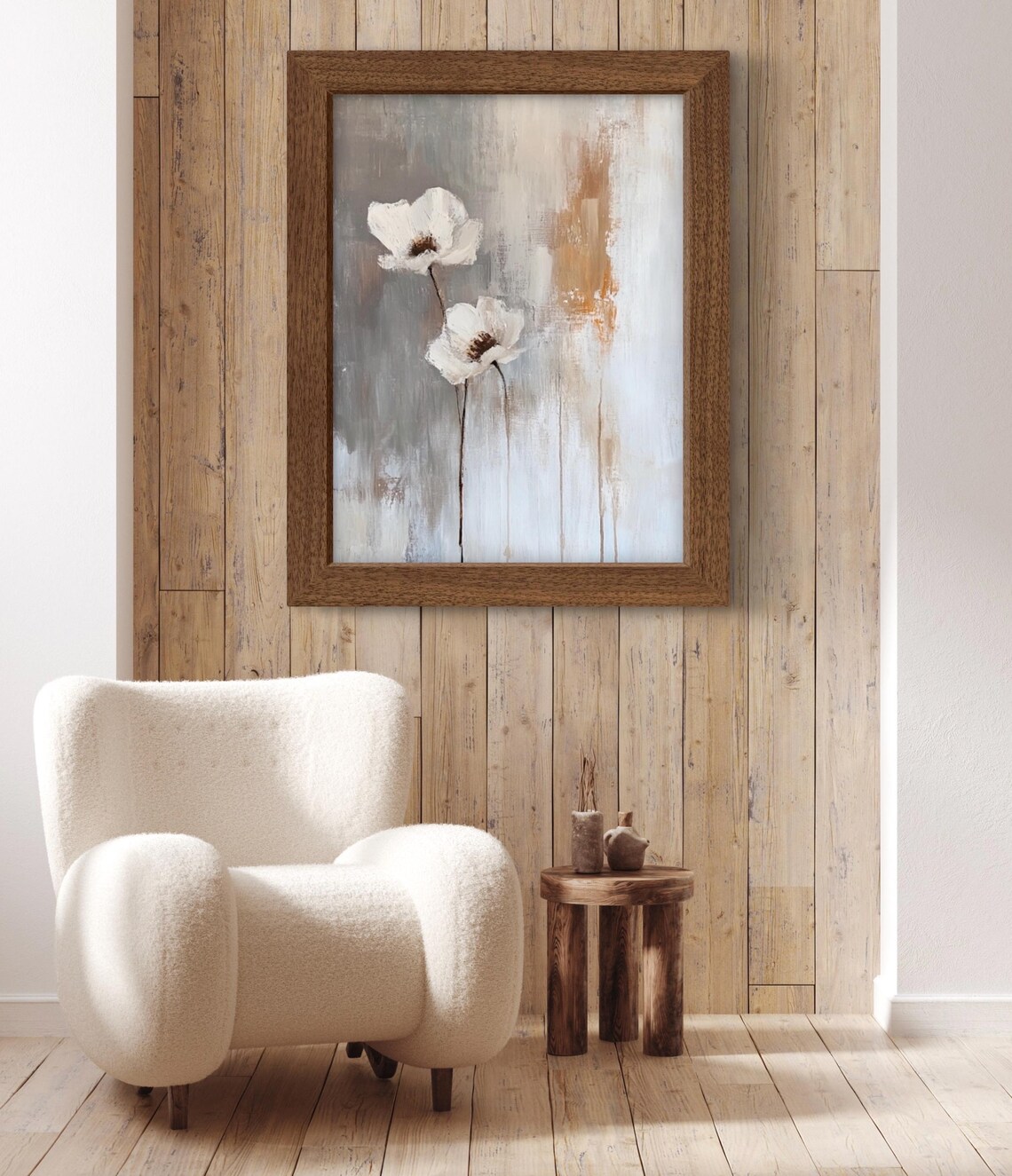 Minimalist White Flowers on Gray Abstract Wabi Sabi Botanical Wall Art Print - Image 4