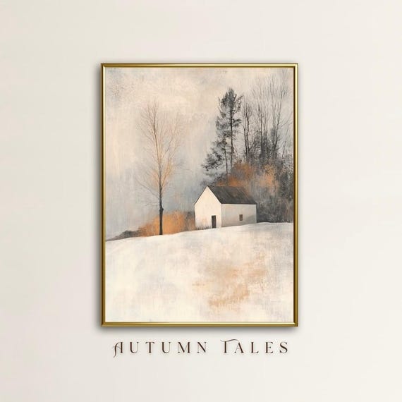 Moody Fall Wall Art Print Minimalist Countryside Cottage Barn Landscape Autumn Winter Farmhouse Decor Vintage Snow Oil Painting