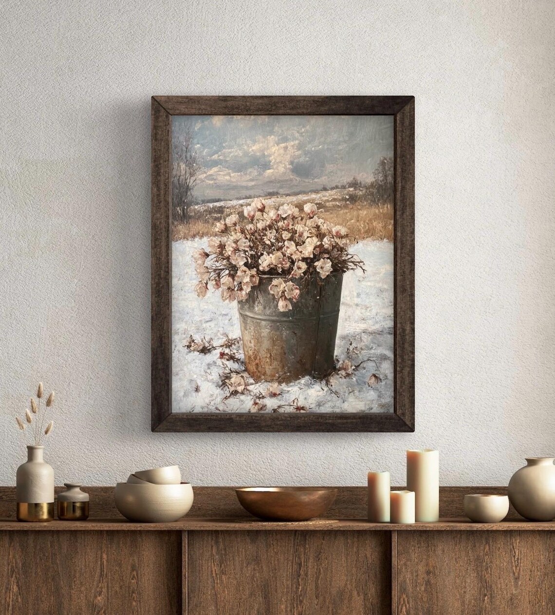 Pink Wildflowers in Rustic Bucket on Snowy Field Vintage Floral Wall Art Poster - Image 5