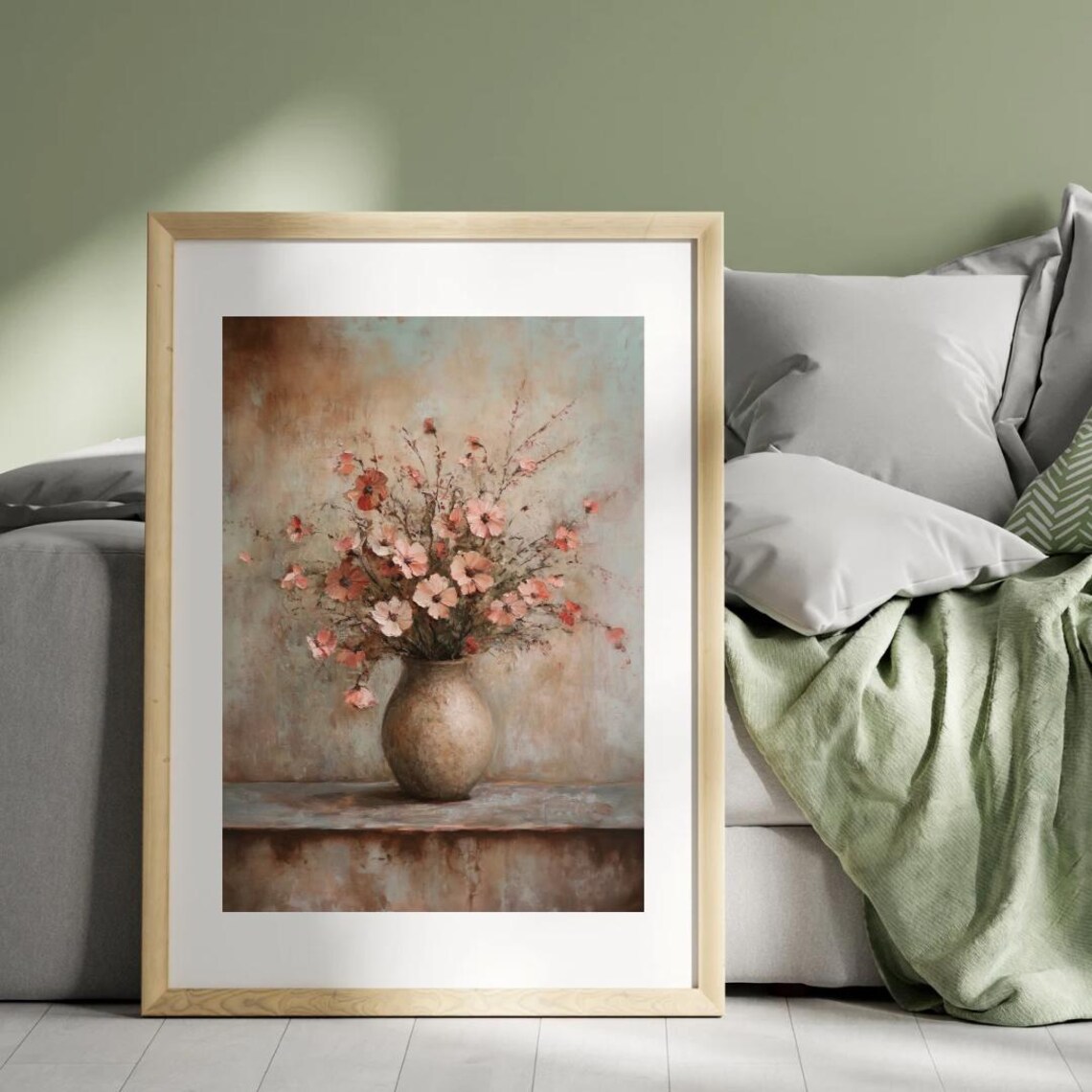 Pink Peach Wildflowers Rustic Vase Oil Painting Floral Poster - Image 4