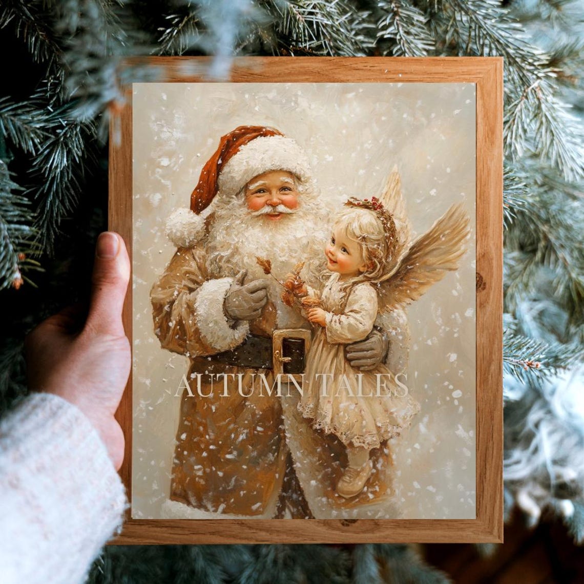 Santa And Christmas Angel Wall Art Print Vintage Christmas Decor Print Beige Earthy Tone Winter Festive Print Angelic Girl - Image 5