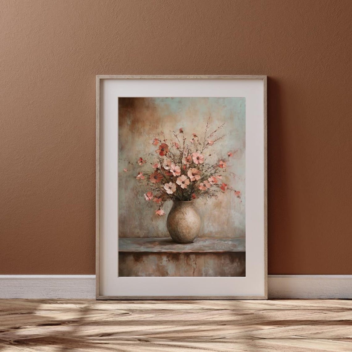 Pink Peach Wildflowers Rustic Vase Oil Painting Floral Poster - Image 6