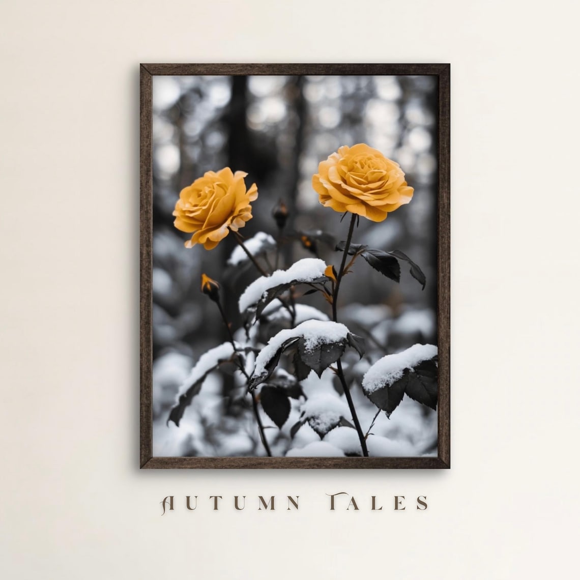 Yellow Roses Dusted With Snow In Monochrome Winter Garden Photo Art Poster
