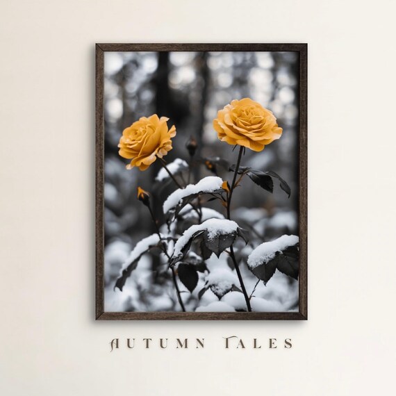 Yellow Roses Dusted With Snow In Monochrome Winter Garden Photo Art Poster