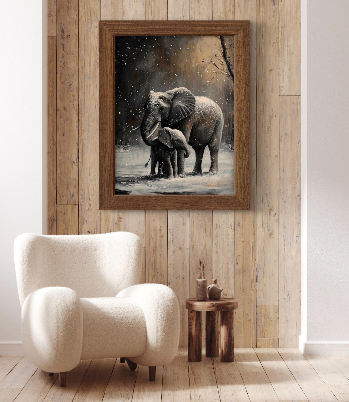 Mother Elephant and Baby Walking in Snow at Night Moody Wildlife Wall Art Poster - Image 4