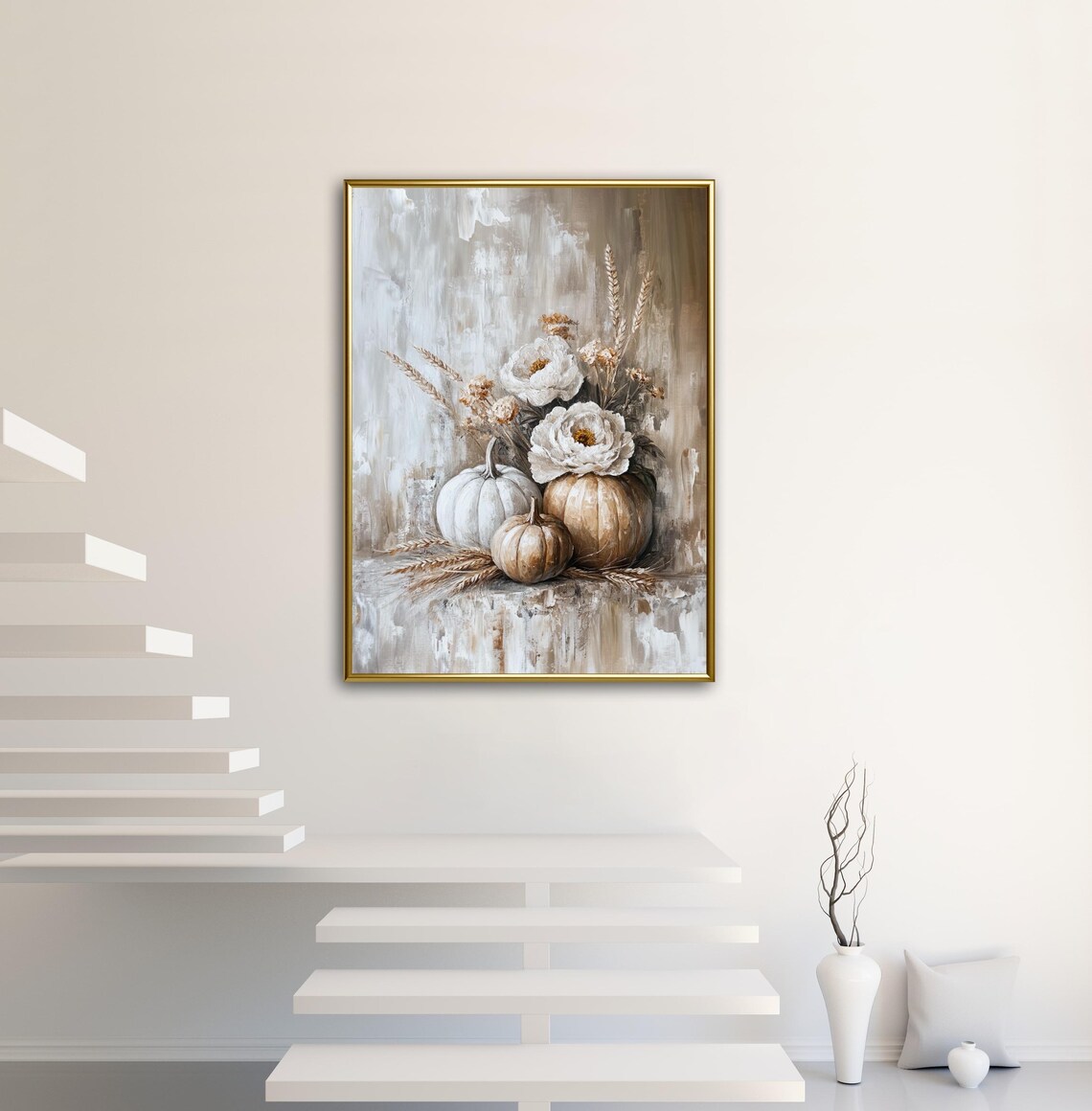 Autumn Tales White Pumpkin Peony Wheat Still Life Neutral Farmhouse Art Print - Image 2