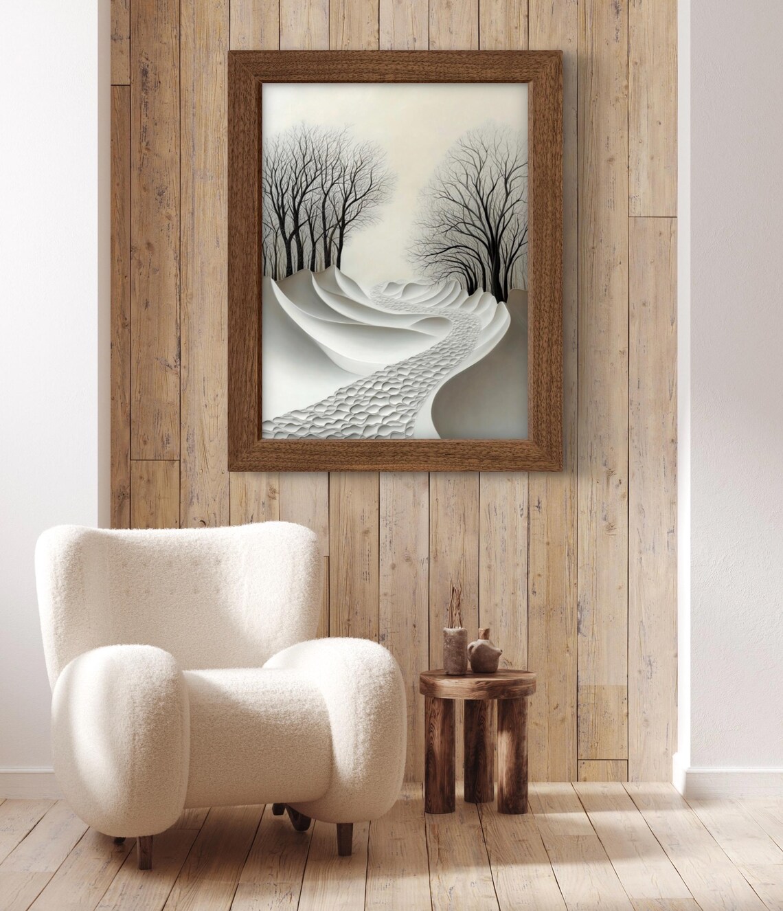 Minimalist Black and White Winter Path Through Bare Trees Snow Wall Art Poster - Image 2