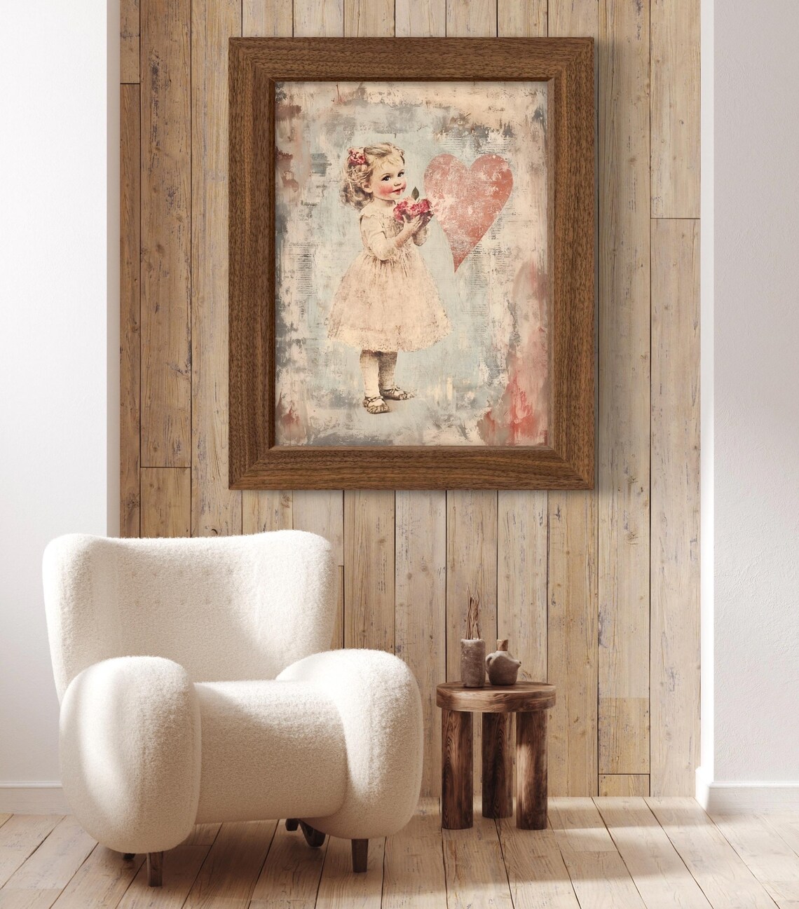 Sweet Little Girl Flowers Red Heart Vintage Valentines Day Poster - Image 2