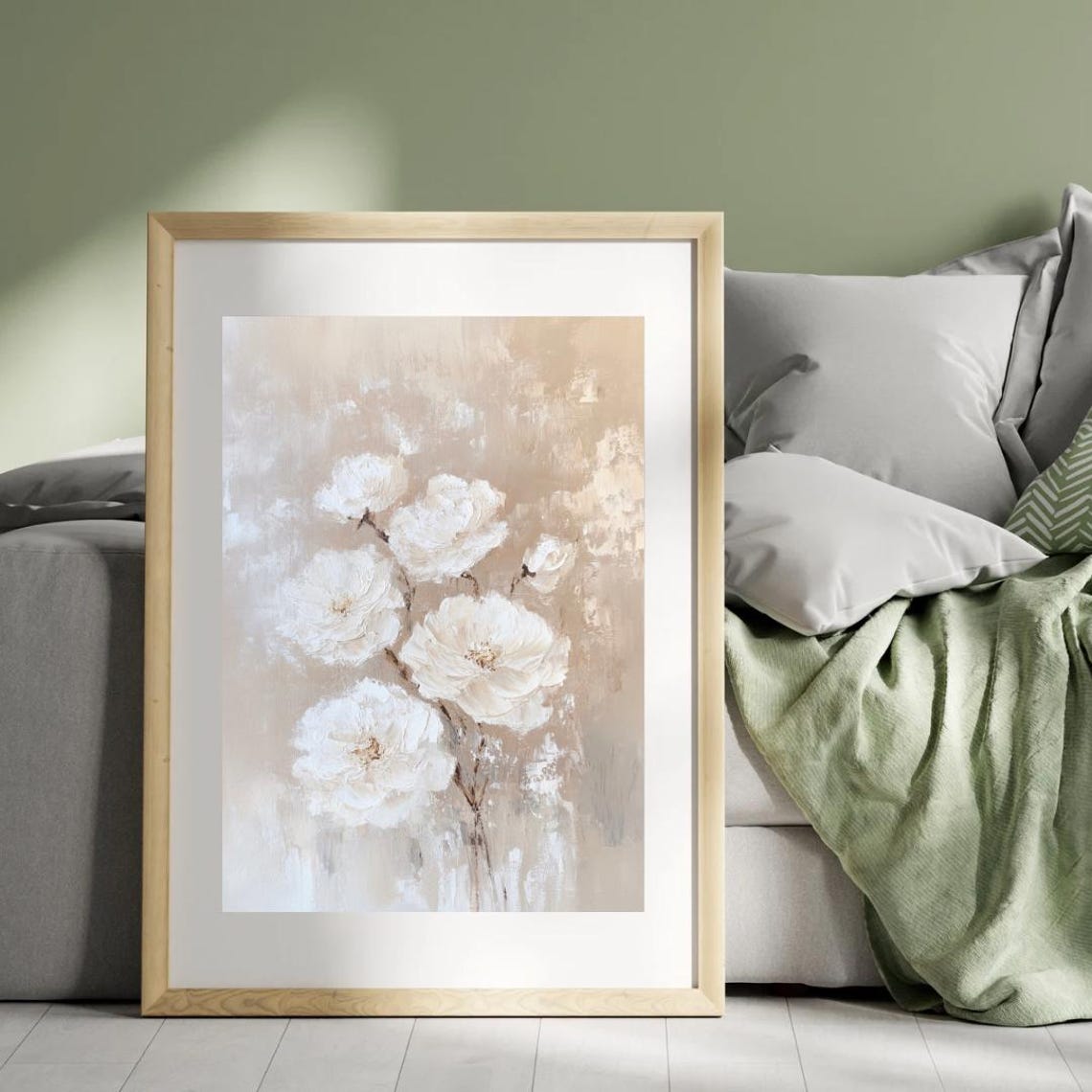 White Peonies on Soft Beige Abstract Minimalist Floral Wall Art Print - Image 4