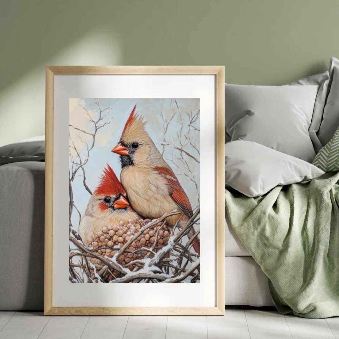 Pair Of Northern Cardinals On Snowy Nest Branch Bright Winter Bird Art Print - Image 2