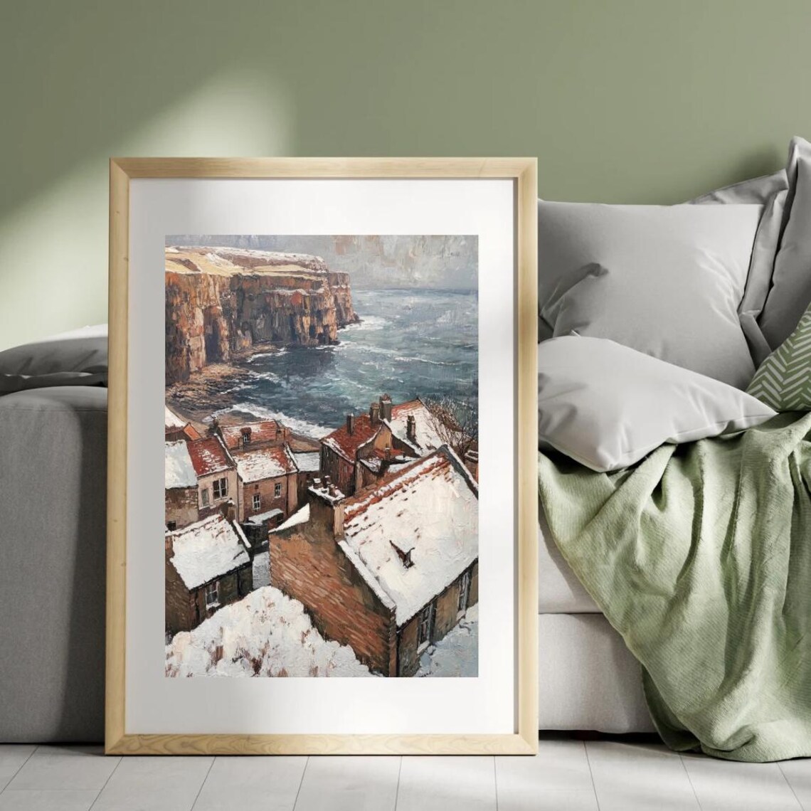 Snowy English Coastal Fishing Village Cliff Cottages Winter Seaside Poster - Image 4