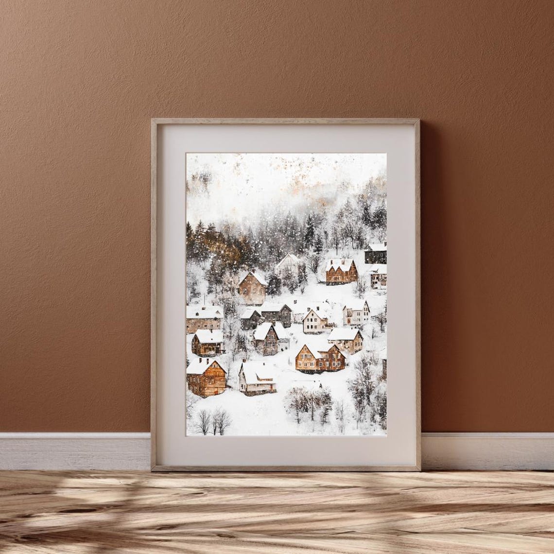 Winter Cottagrcore Wall Art Print Of A Mountain Landscape Moody Farmhouse Decor Of Tiny Home In Snow Covered Village In Christmas - Image 6