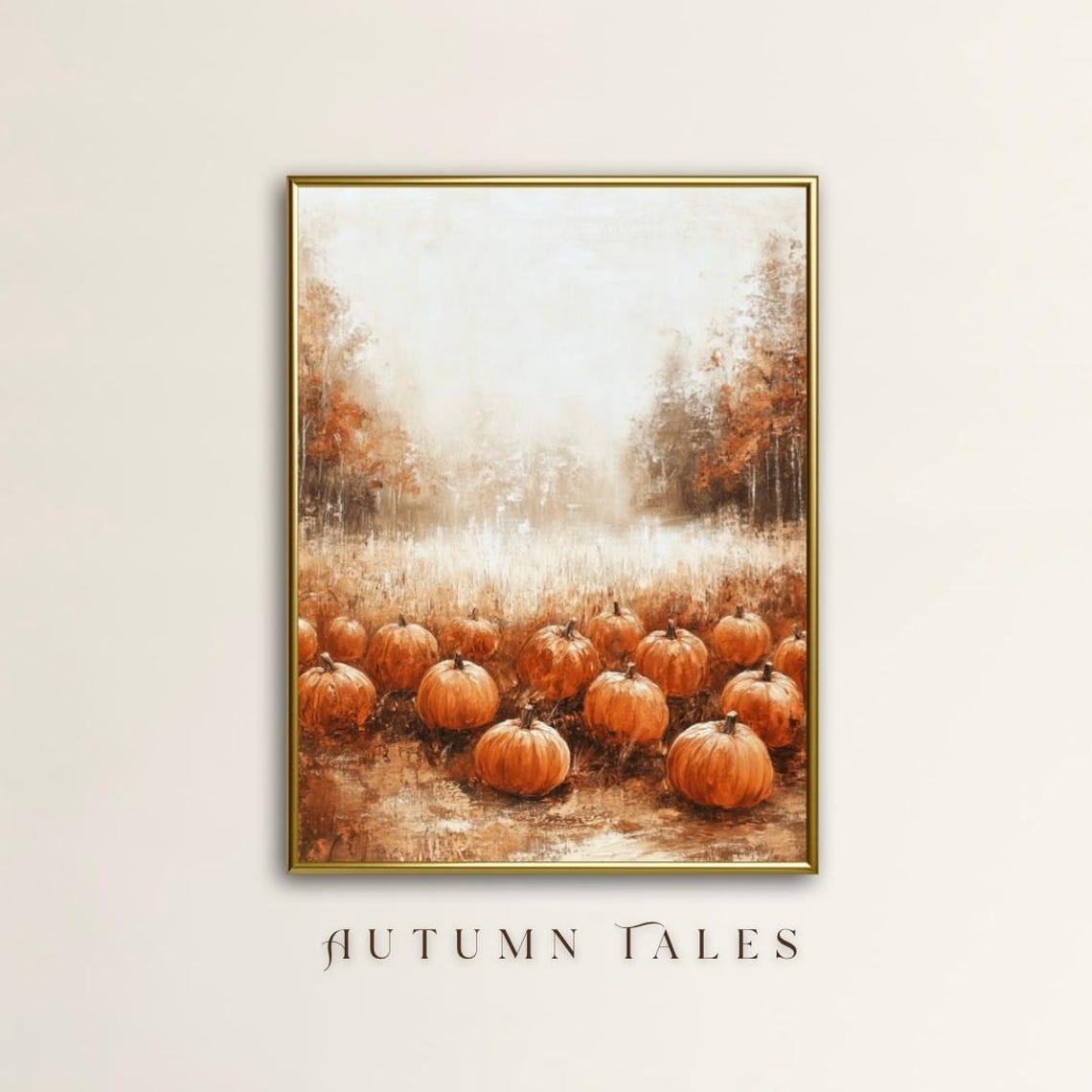 Cozy Rustic Orange Pumpkin Patch In Misty Autumn Field Art Print