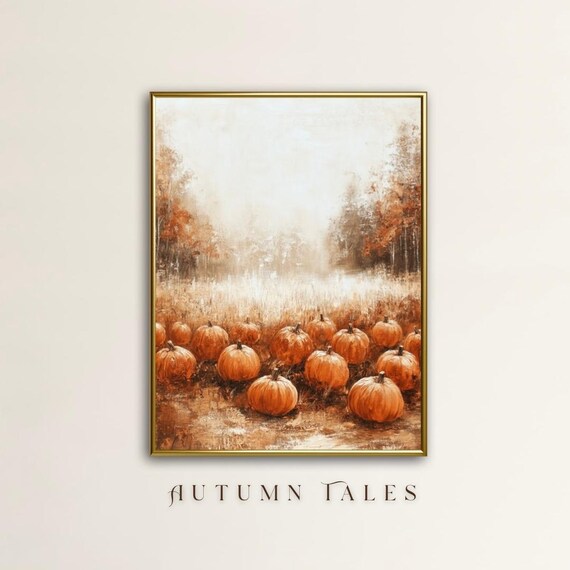 Cozy Rustic Orange Pumpkin Patch In Misty Autumn Field Art Print