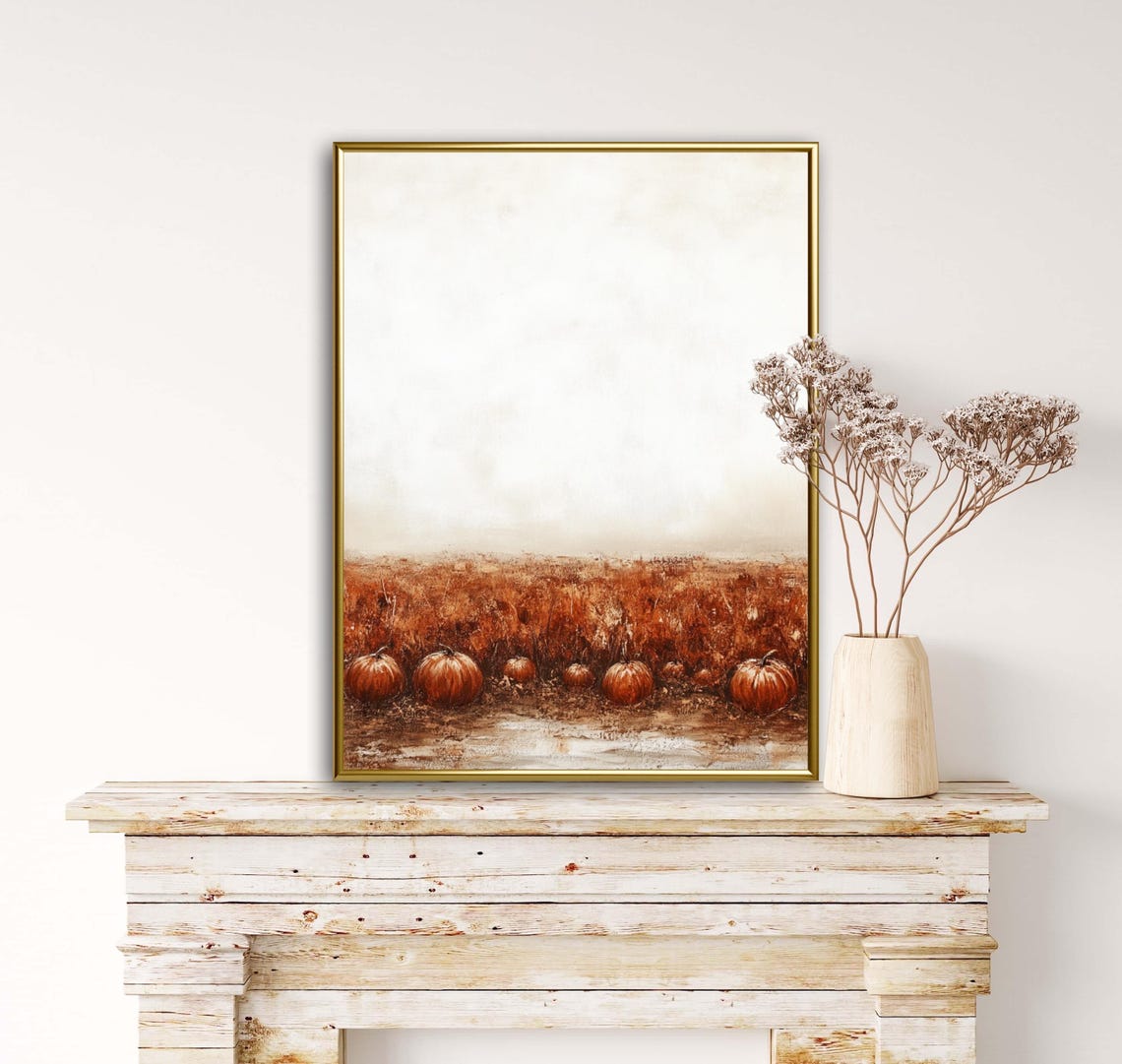Row of Orange Pumpkins in Rust Field Under Pale Sky Fall Mood Wall Art - Image 4