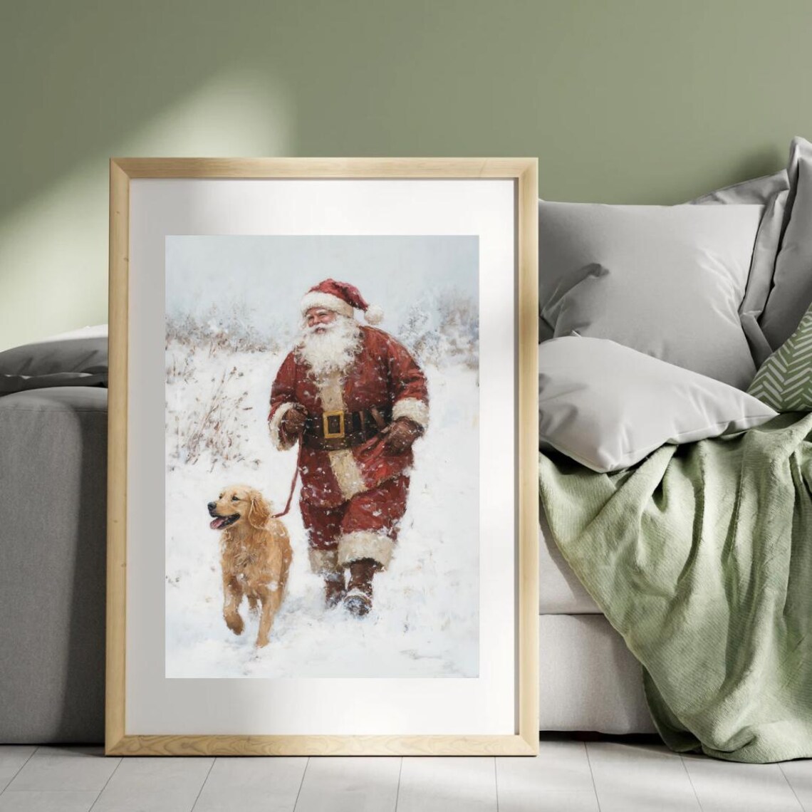 Vintage Santa With Golden Retriever, Christmas Art Print - Image 3