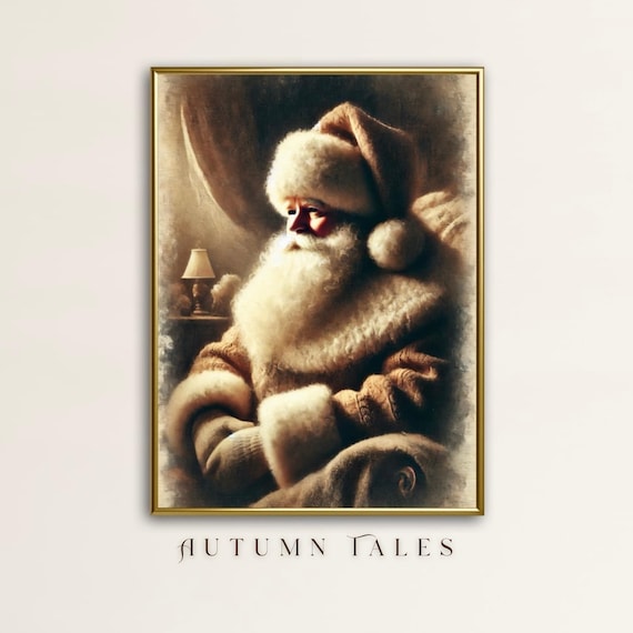 Vintage Santa Wall Art Print Antique Beige Santa Portrait Moody Cozy Christmas Home Decor Nuetral Earthy Muted Tone