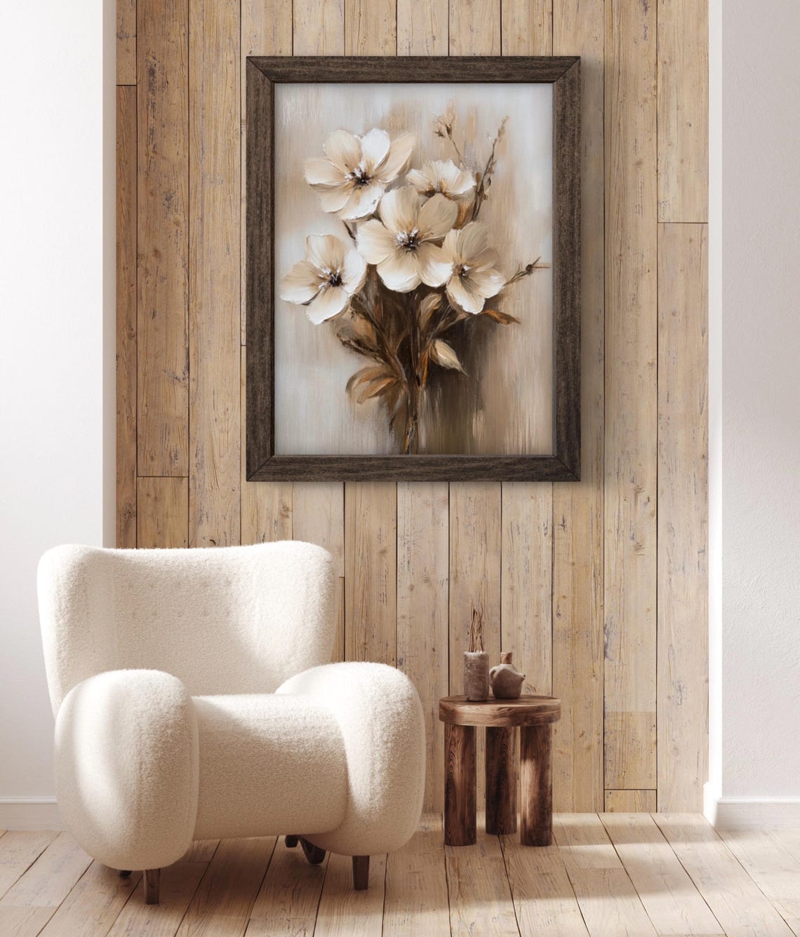 White and Cream Blossoms on Branch Neutral Botanical Wall Art Print - Image 3