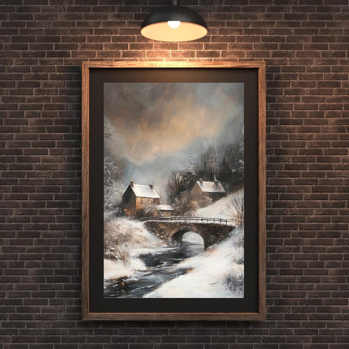 Moody Snowy Village Stone Bridge River Sunset Winter Landscape Poster - Image 4