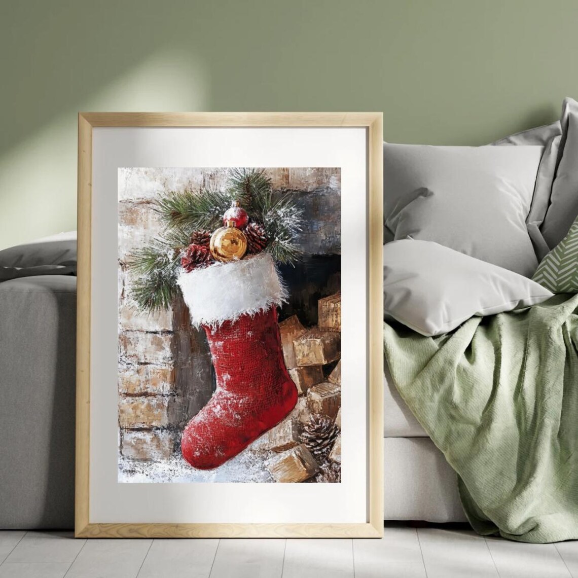 Vintage Christmas Stocking Art Print, Cottagecore Farmhouse - Image 3