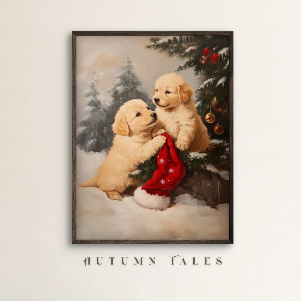 Vintage Christmas Golden Retriever Puppies Wall Art Festive Christmas Wall Decor Of Two Playful Golden Puppies In A Winter Forest