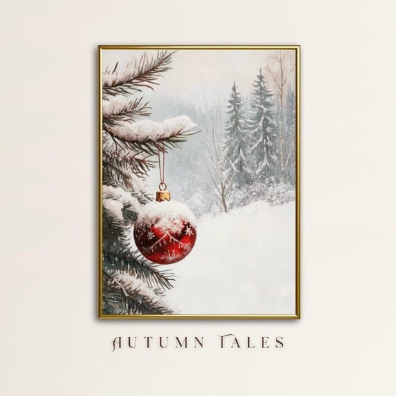 Christmas Ornament Art Print, Moody Pine Tree Winter Forest