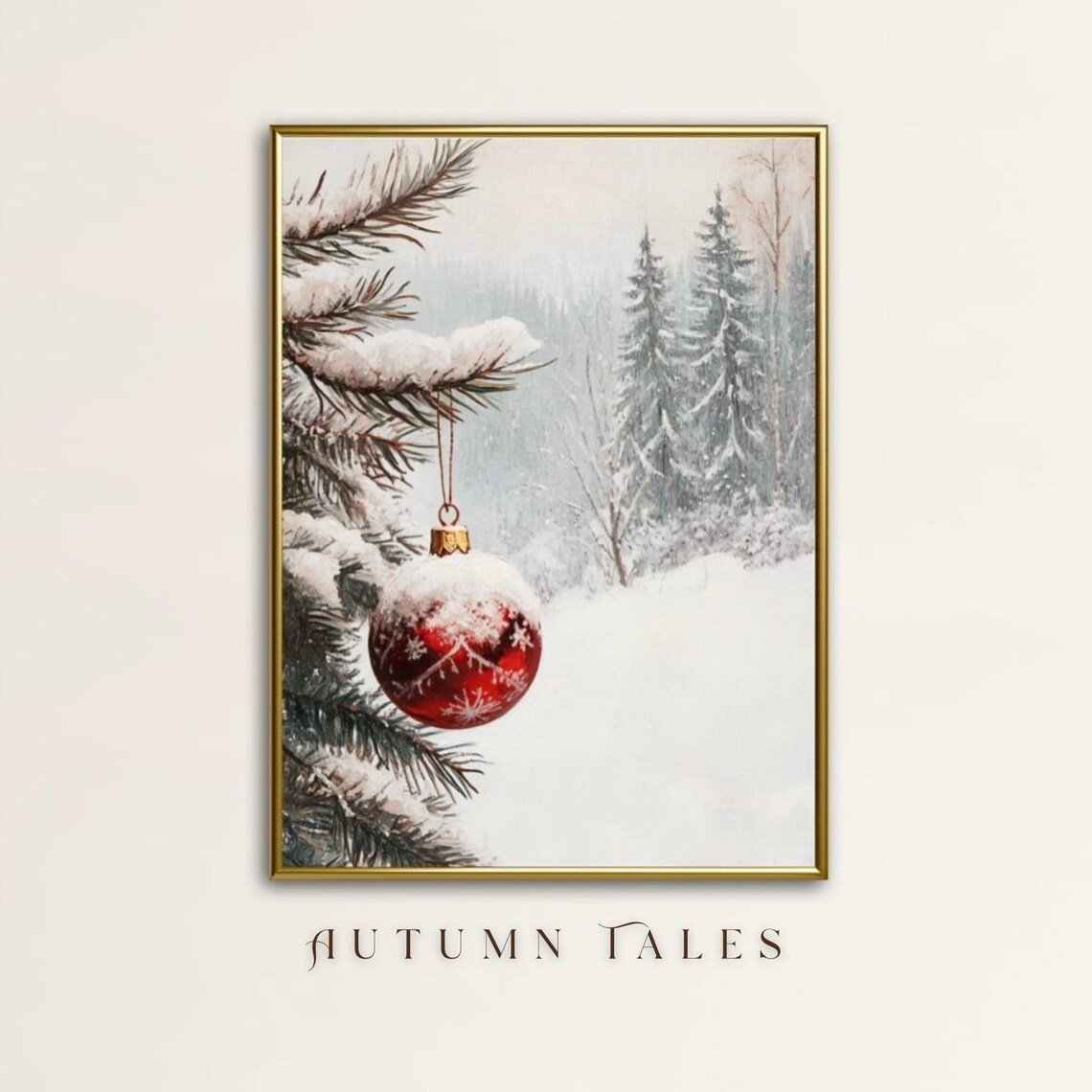 Christmas Ornament Art Print, Moody Pine Tree Winter Forest
