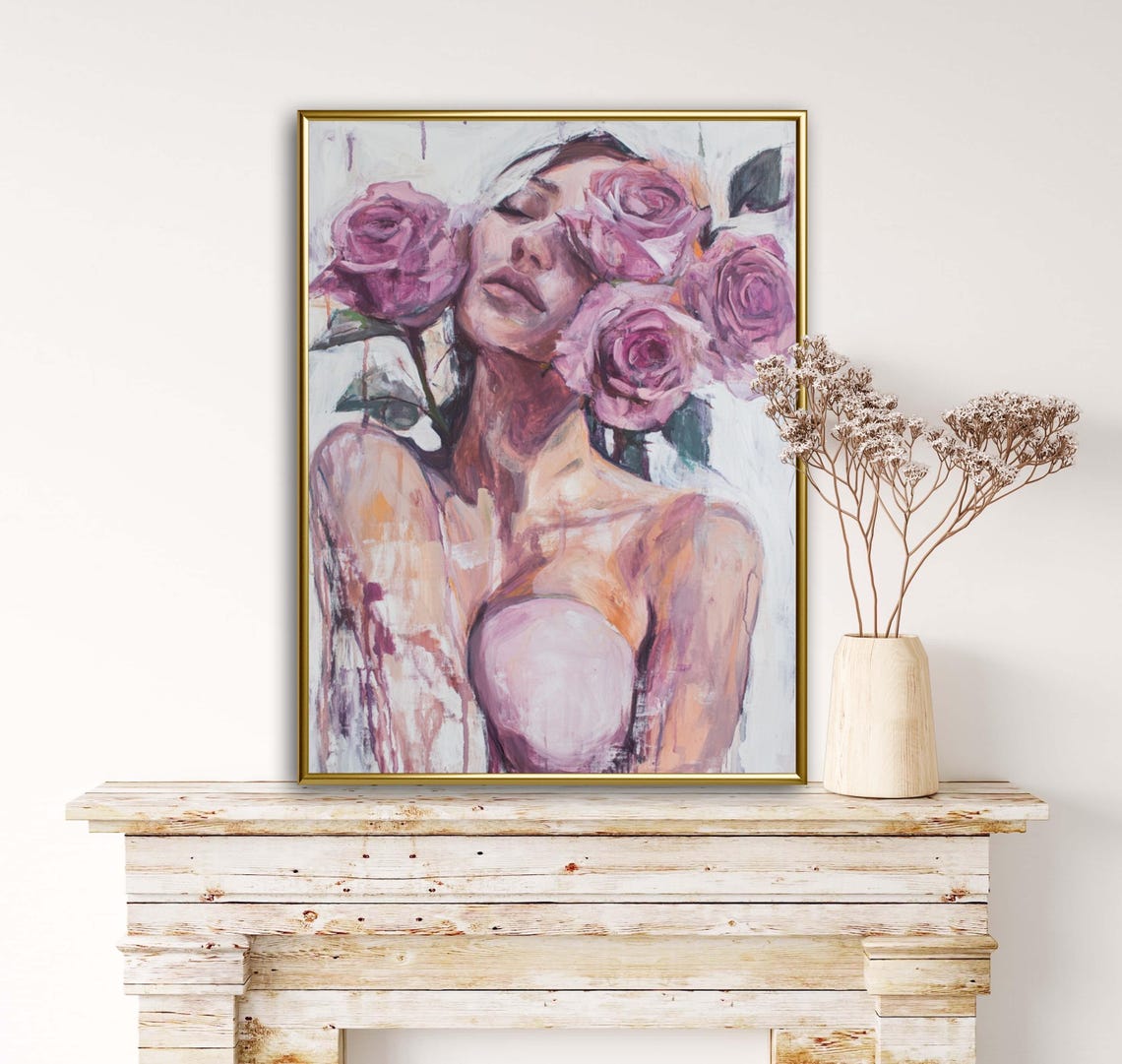 Breast Cancer Awareness Month Wall Art Print Feminine Woman Figure Midern People Art Girl With Pink Roses Art - Image 3