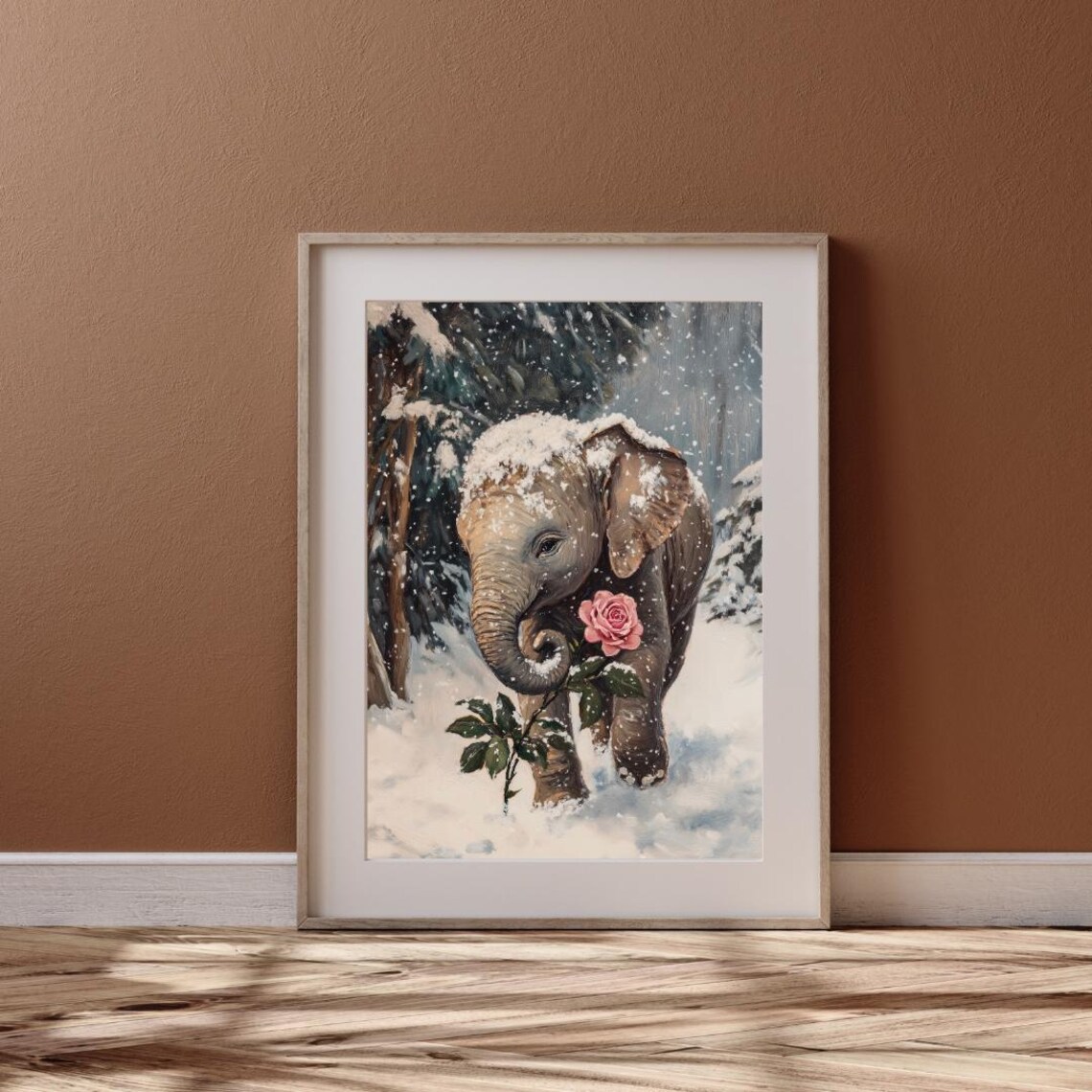 Cute Baby Elephant in Snow Holding Pink Rose Winter Animal Wall Art Poster - Image 6
