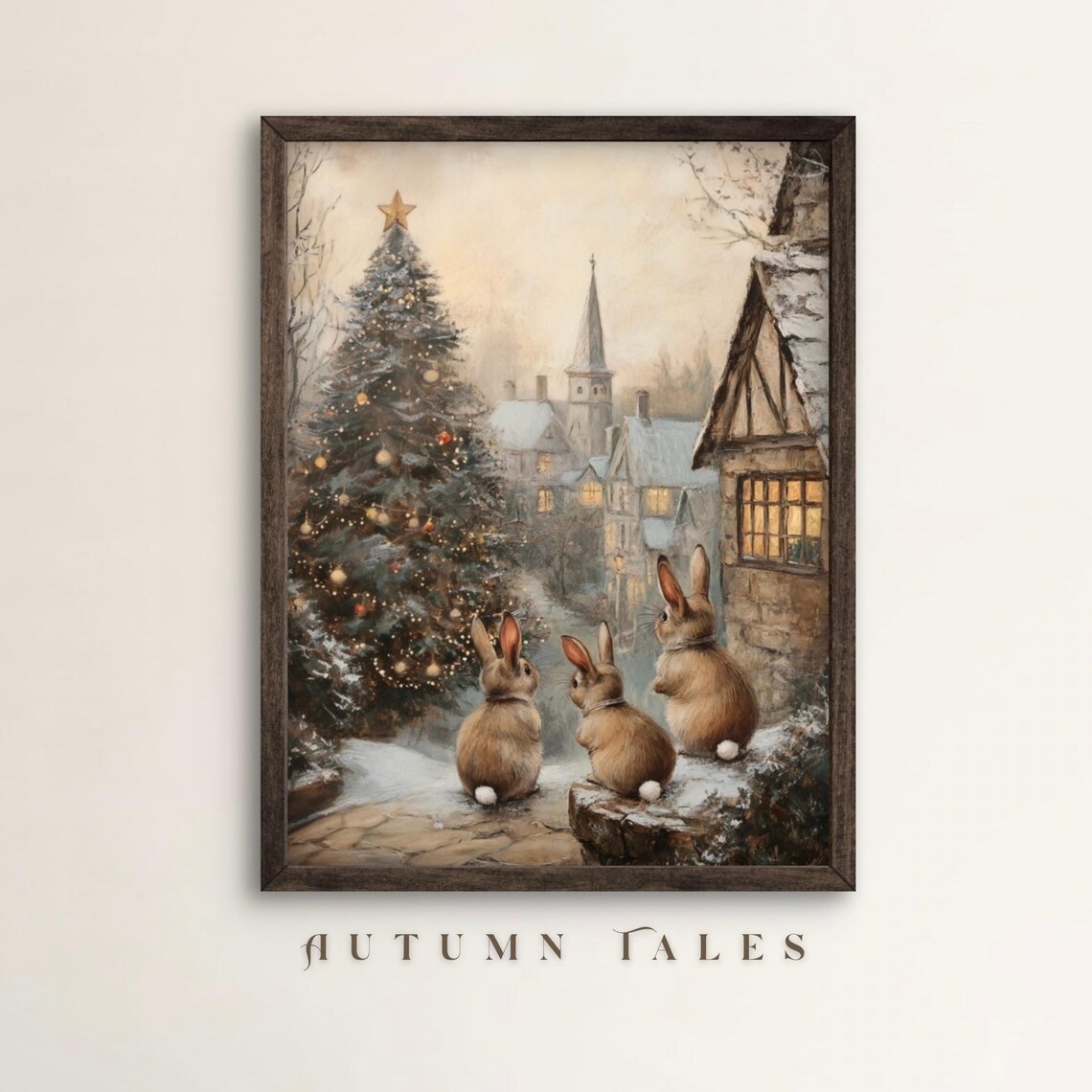 Winter Bunnies and Christmas Tree Vintage Art Print