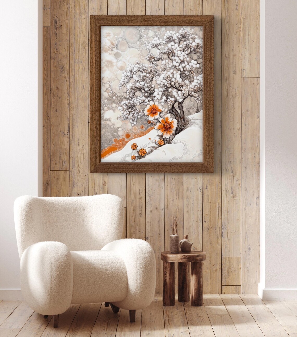 Snowy Blossoming Tree Ink Wash Style with Orange Flowers Winter Wall Art Poster - Image 2