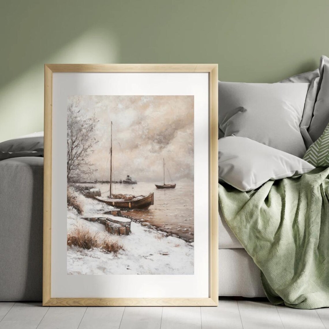Snowy Lakeshore Sailboat Winter Moody Coastal Scene Art Poster - Image 3