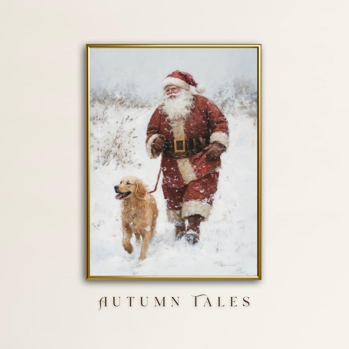 Vintage Santa With Golden Retriever, Christmas Art Print