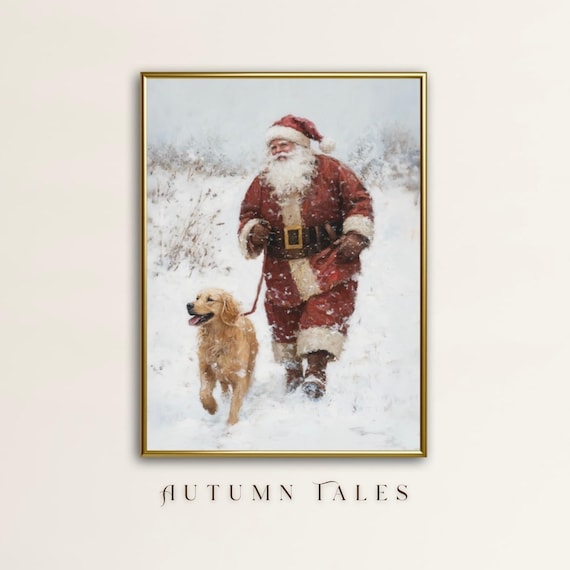 Vintage Santa With Golden Retriever, Christmas Art Print