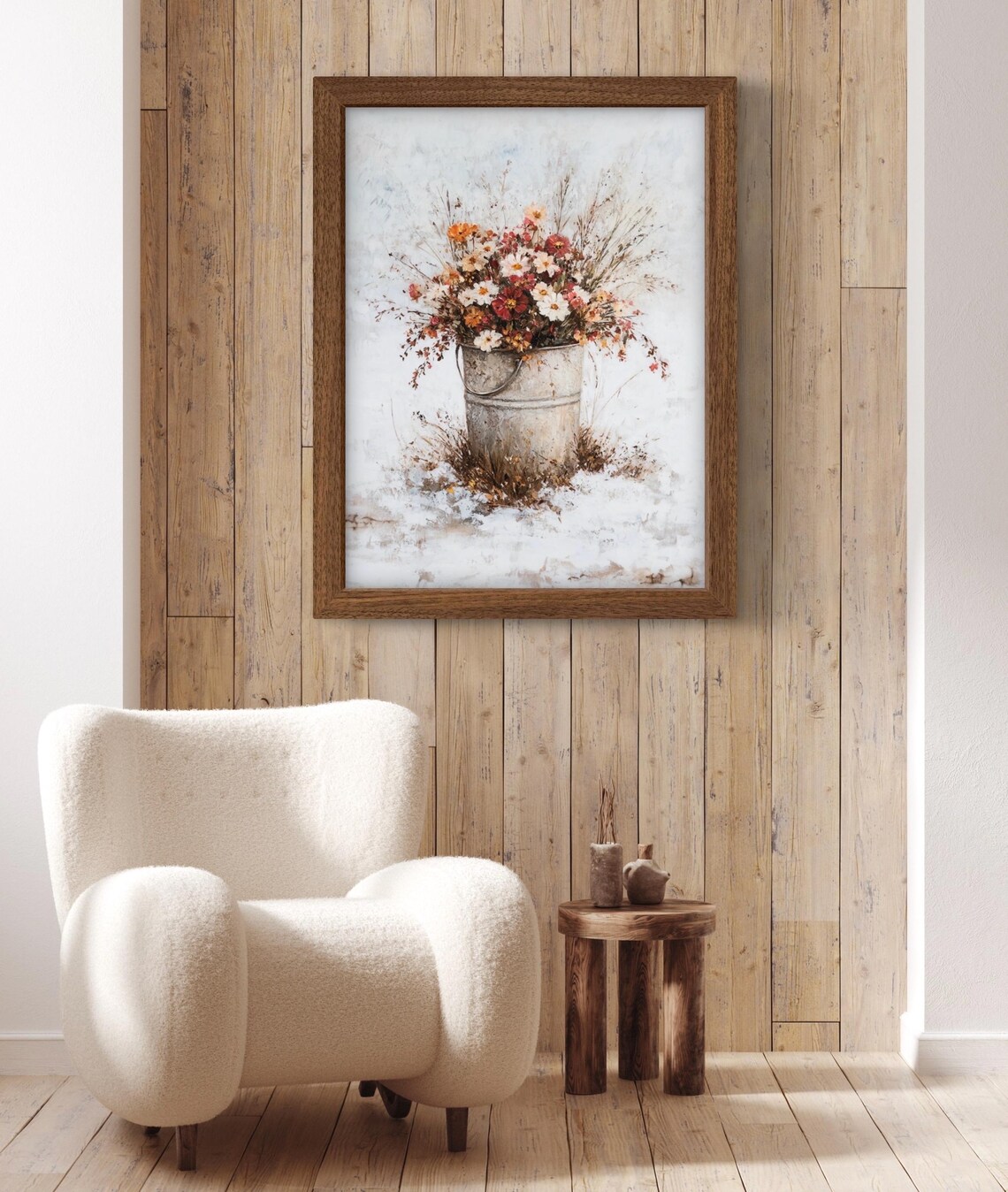 Winter Wildflowers Galvanized Bucket Snowy Floral Art Poster - Image 3
