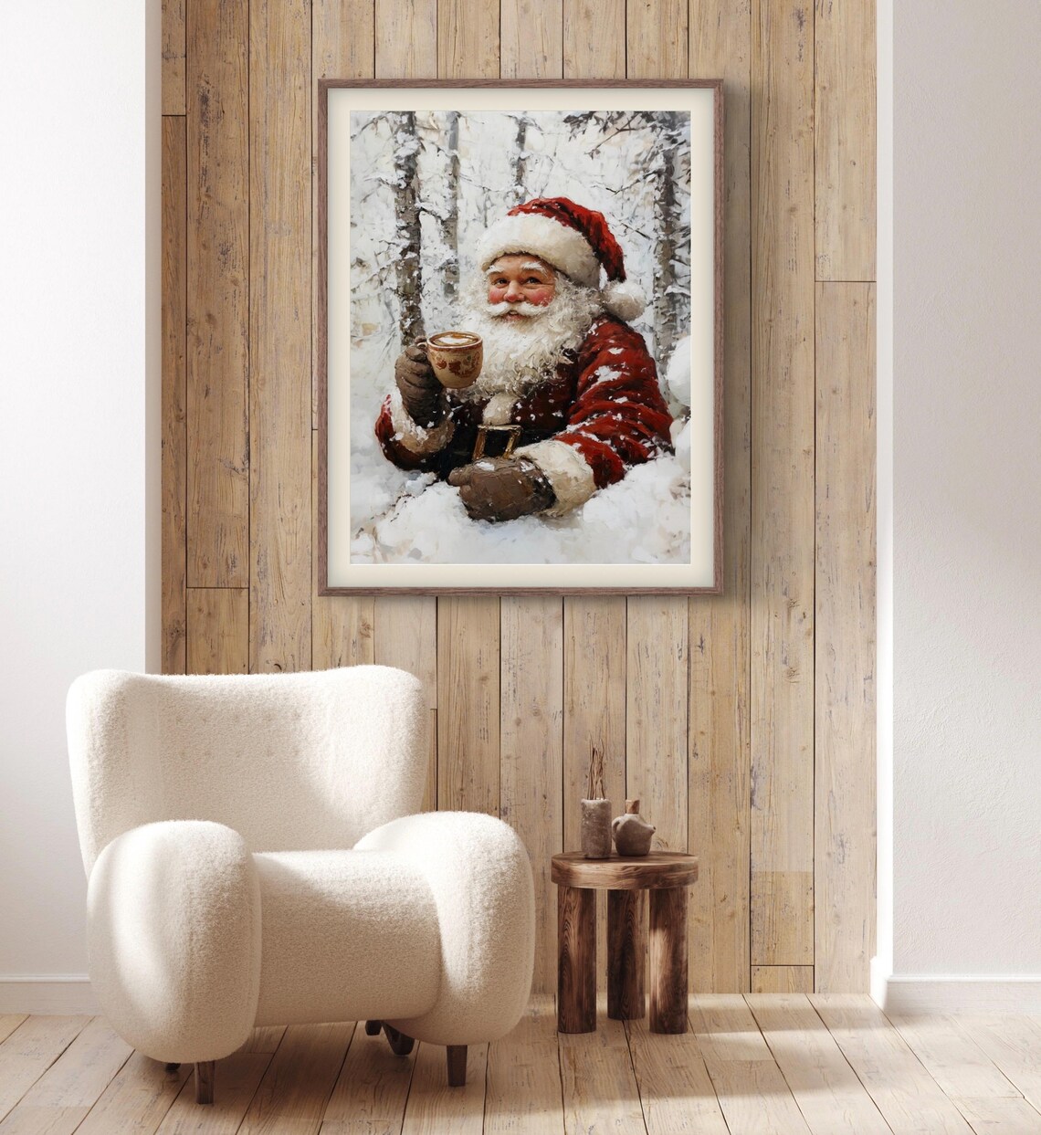 Vintage Santa Having Coffee Art Print, Winter Landscape - Image 4