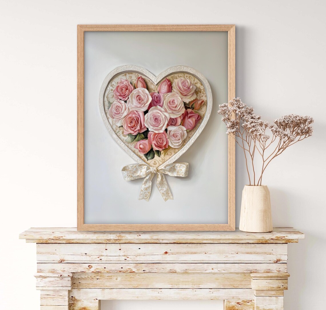 Heart Shaped Rose Box Pink Roses Valentines Romantic Art Poster - Image 4