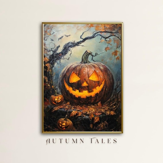 Giant Glowing Jack O Lantern Under Twisted Autumn Tree Spooky Halloween Poster