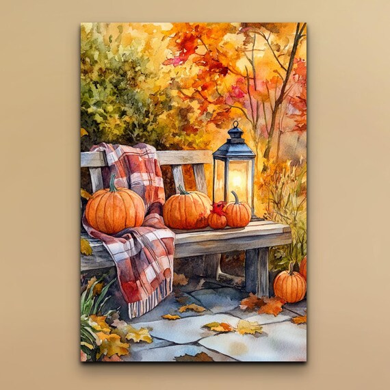 Autumn Porch Pumpkins Bench Lantern Plaid Blanket Art Poster