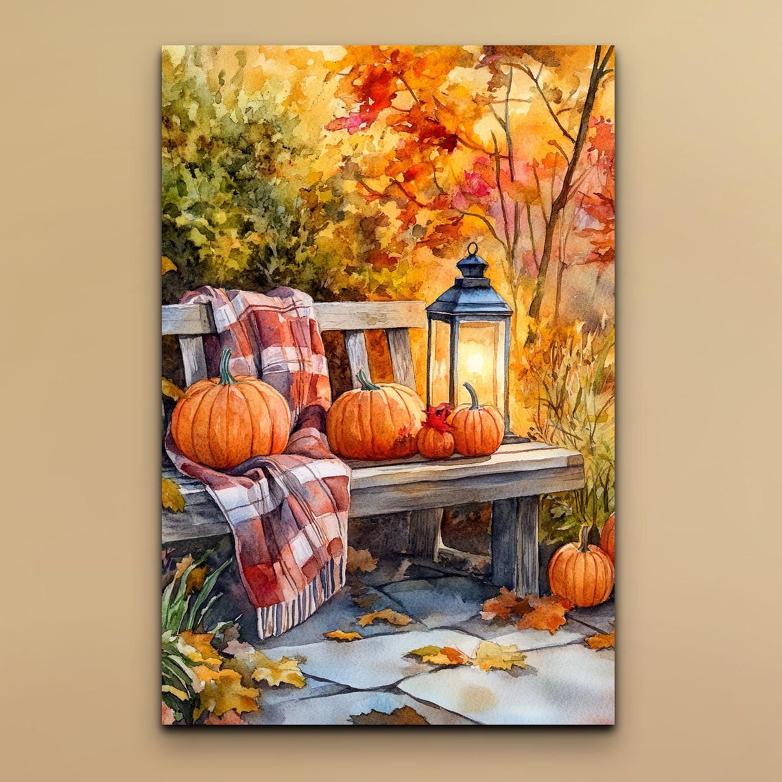 Autumn Porch Pumpkins Bench Lantern Plaid Blanket Art Poster