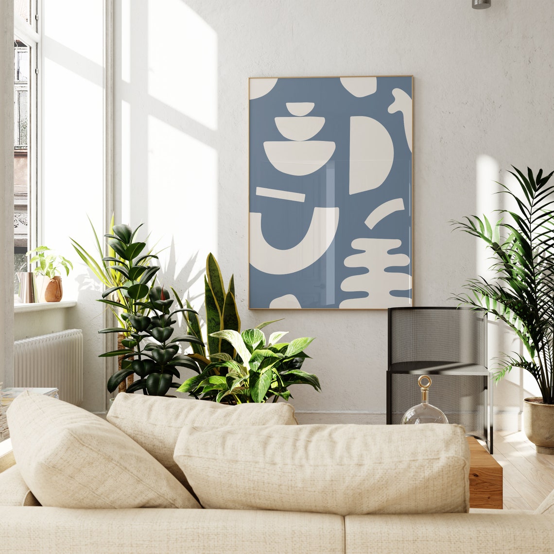 Dusty Blue Abstract Geometric White Shapes Modern Neutral Art Poster - Image 3