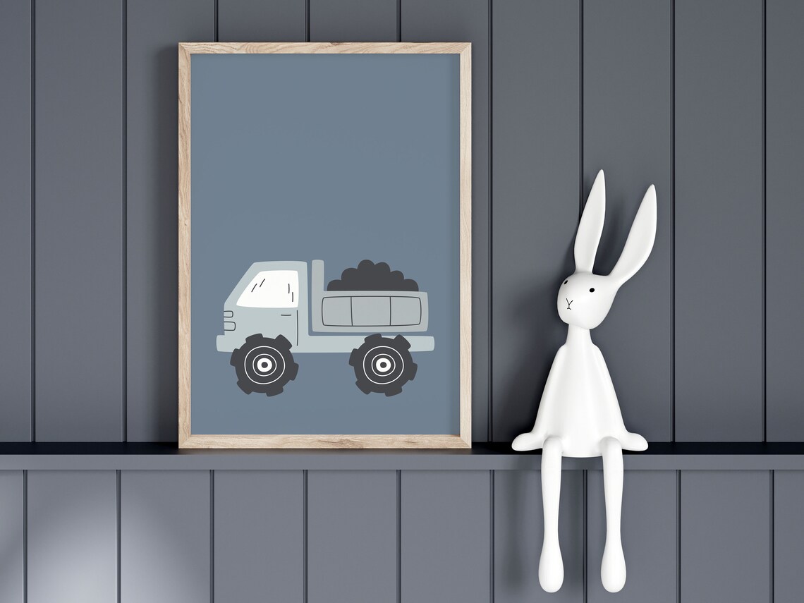 Gray Blue Dump Truck Nursery Kids Construction Vehicle Art Poster - Image 2