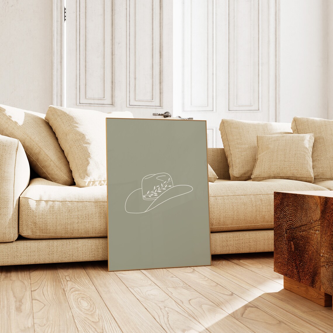 Cowboy Hat Line Art Sage Green Minimalist Western Decor Poster