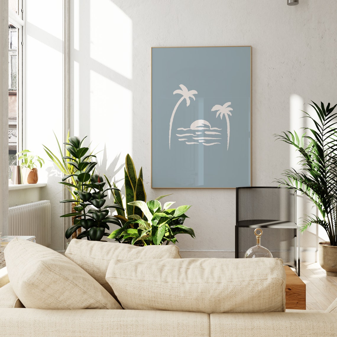 Dusty Blue Palm Tree Sunset Poster Beachy Boys Nursery Coastal Art - Image 2
