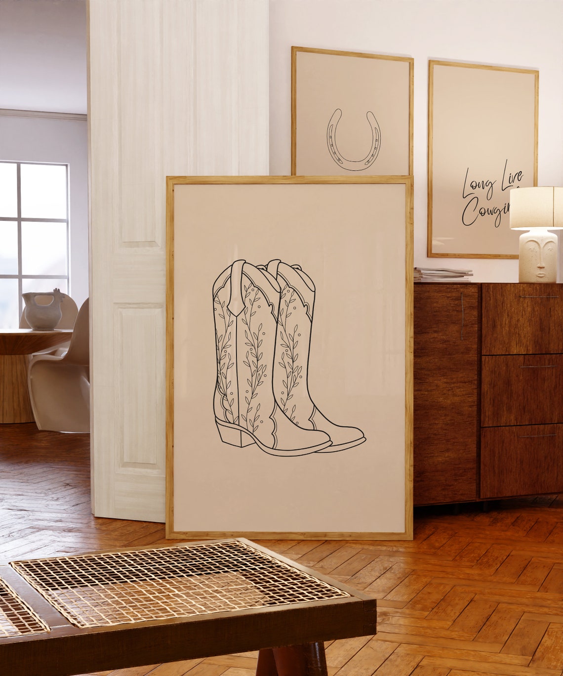 Beige Cowboy Boots Outline Poster Neutral Western Floral Art Design - Image 3