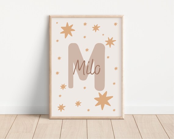 Milo Personalized Name Initial Mustard Stars Nursery Baby Poster