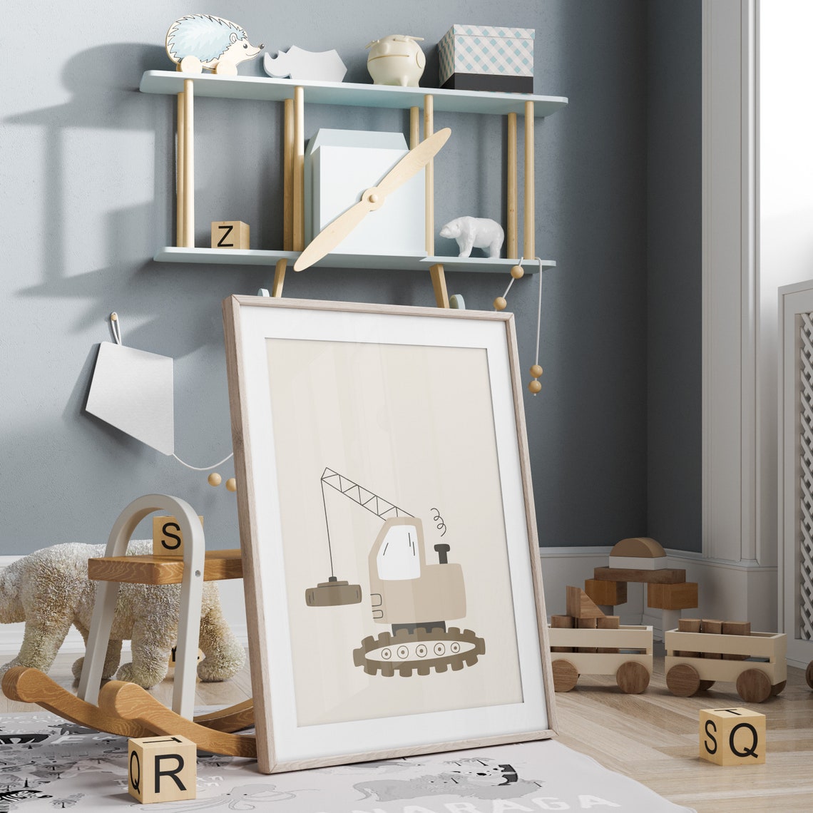 Beige Crane Truck Nursery Kids Construction Vehicle Art Poster - Image 4