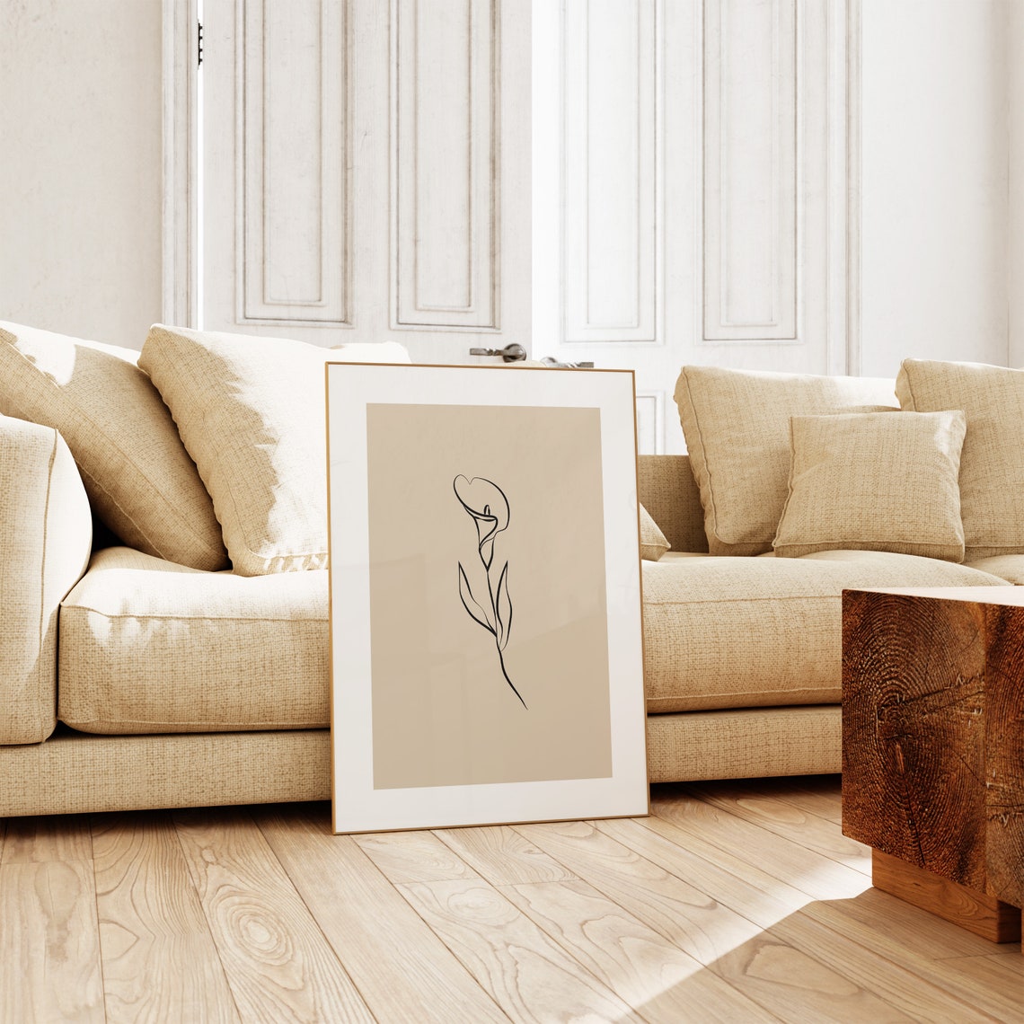 Single Line Calla Lily Drawing Tan Beige Minimalist Botanical Poster - Image 2