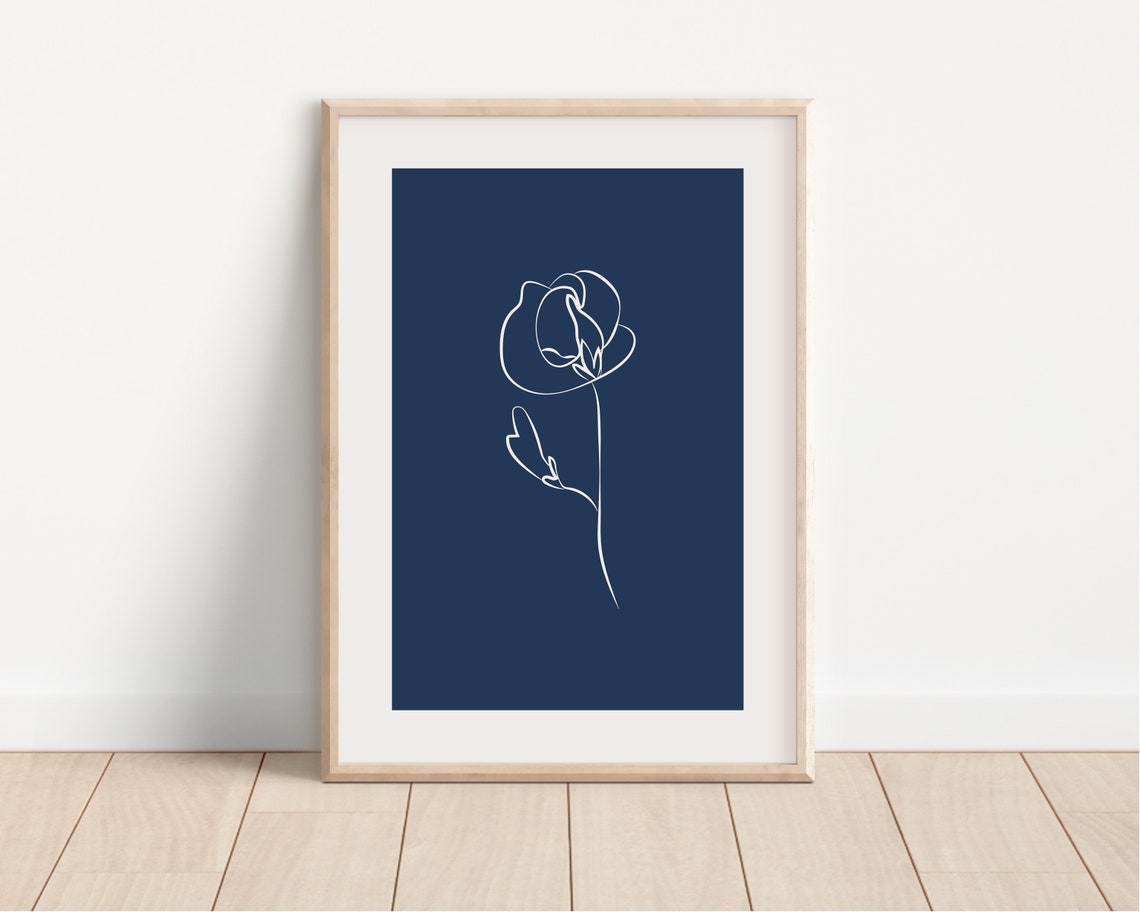 Navy Blue Botanical Line Art Poster White Flower Blossom Drawing