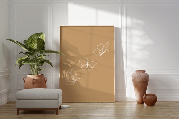 White Butterfly Line Art Trio Tan Minimalist Nursery Print Decor